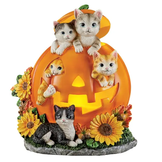 Collections Etc Hand-Painted LED Lighted Pumpkin Cats Tabletop Decoration {2}