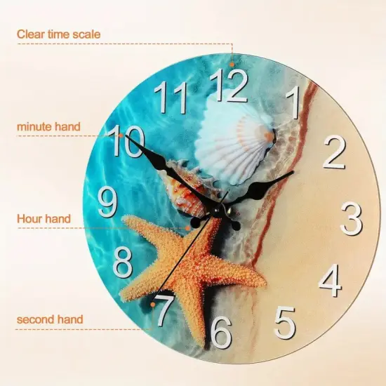 12-Inch Seashell Wall Clock &ndash; Frameless Silent Non-Ticking Glass Clock for Home, Office, Battery Operated (1x AA Required) {4}