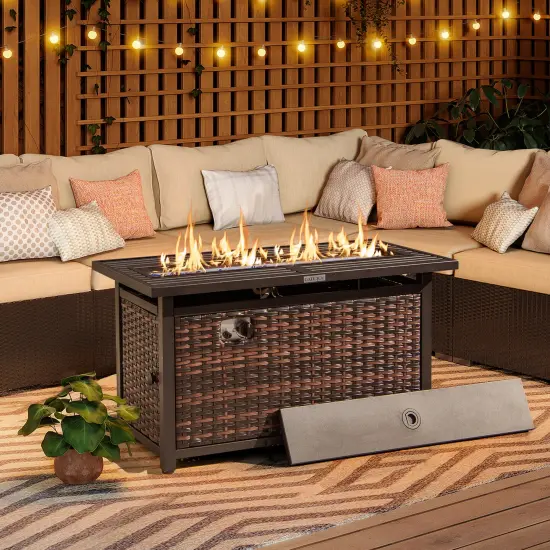 Mix Brown Rattan Propane Fire Pit Table, 50,000 BTU and Metal Frame {3}