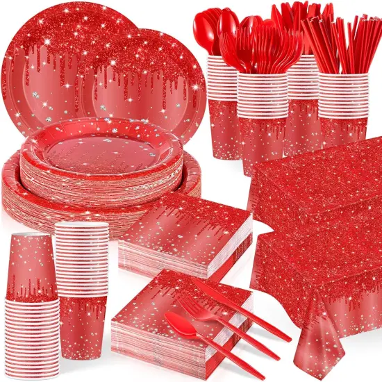 452 Pcs Red Birthday Party Decoration Include Red Diamond Paper Plates Napkins Cups Tablecloth Cutlery Straws Tableware {1}