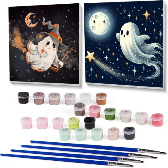 2 Pcs Halloween Paint by Numbers Kits for Kids Framed,Ghosts Adults' Paint-by-Number Kits on Canvas Easy Acrylic Oil Painting by Number for Adults Halloween for Home Decor 8x8 inchs {1}