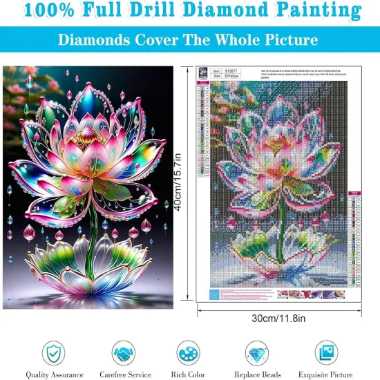 Lotus Diamond Painting Kits for Adults Beginners - Lotus Flowers Diamond Art Kits for Adults, Full Drill DIY 5D Diamond Painting Flowers Gem Art Crafts Kits for Home Wall Decor 12x16 in {3}
