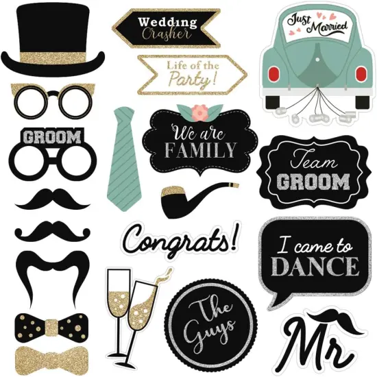 Fully Assembled Wedding Photo Booth Props - Set of 40 - Gold, Pink, Teal, & Silver Selfie Signs - Wedding Party Supplies & Decorations - Cute Designs with Real Glitter - Did We Mention No DIY {3}