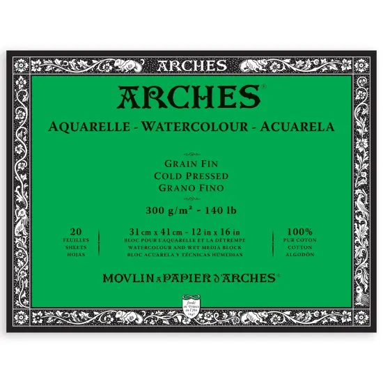 Arches Aquarelle Cold Pressed Watercolor Block 12"X16"- 140lb, 20 Sheets {1}