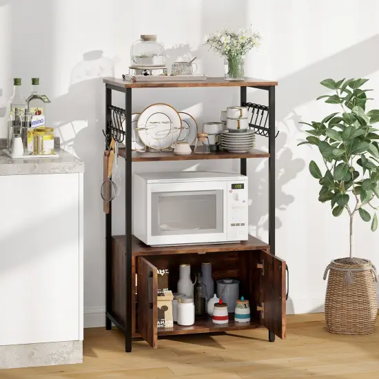 3-Tier Brown Kitchen Bakers Rack with 2 Doors Cabinet and 2 Open Storage Shelves {3}