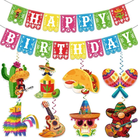 Pre-strung Taco Birthday Party Decorations, with 1pcs Fiesta Happy Birthday Banner, 8pcs Cinco De Mayo Hanging Swirls, Mexican Birthday Party Decorations, Fiesta Birthday Party Decorations {1}