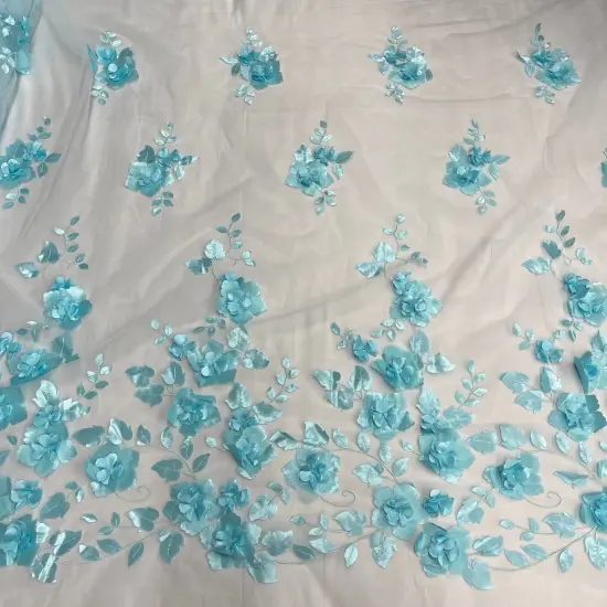 1 Yard 3D Floral Lace Fabric Embroidered Soft Tulle Net Mesh Wedding 50" Width Lt. Blue {1}
