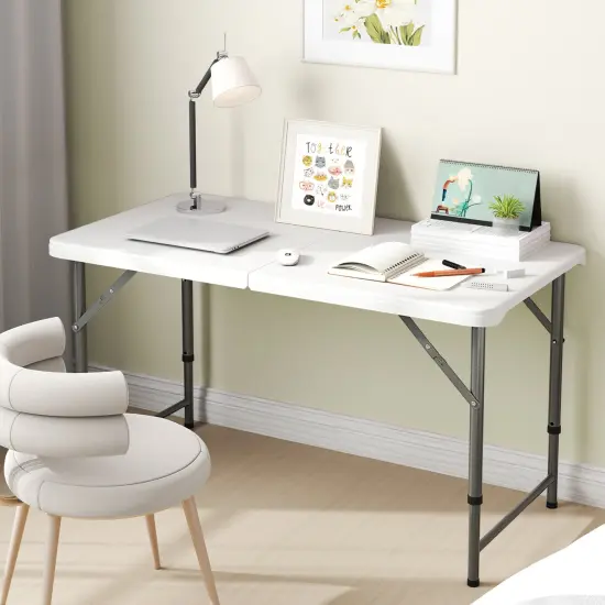 White 4 Feet HDPE Portable Rectangular Camping Table with Metal Legs and Height Adjustable {3}