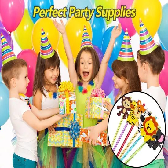 24pcs Reusable Forest Animals Crazy Straws, Drink Cocktail Straws for Lion Fox Zebra Giraffe Safari Birthday Party Supplies Favors, Woodland Party Favors with 2 Cleaning Brushes 6 Colors {5}