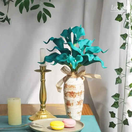 12Pcs Artificial Calla Lily Teal Flowers &ndash; Faux Klein Blue Calla Lilies Summer Bouquets for Home Decoration {4}