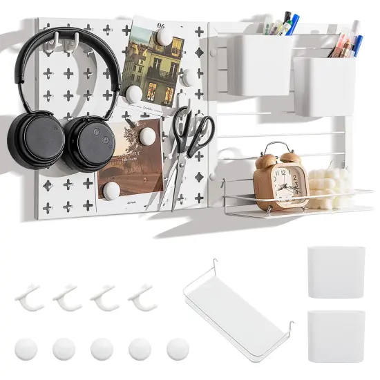 White Metal Wall Organizer 2 Pegboard Panels Combination Kit with Magnets and Hooks {4}