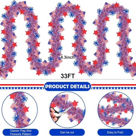 4th of July Decorations,33FT 4th of July Tinsel Garland with Star Firework American Flag, Patriotic Red White Blue Metallic Twist Garland for Home Tree Mantle Indoor Outdoor Parade Independence Day {2}