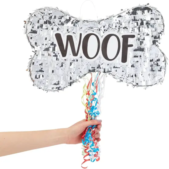 Pull String Dog Bone Pinata for Puppy Birthday Party Decorations, Silver Foil (Small, 16.8 x 10 x 3 In) {4}