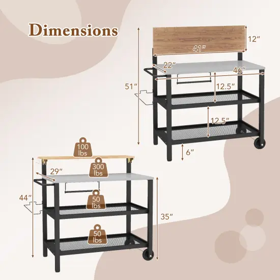 Black Flip-Up Rolling Bar Cart with Hooks and Metal Frame Perfect for Indoor or Outdoor Use {4}