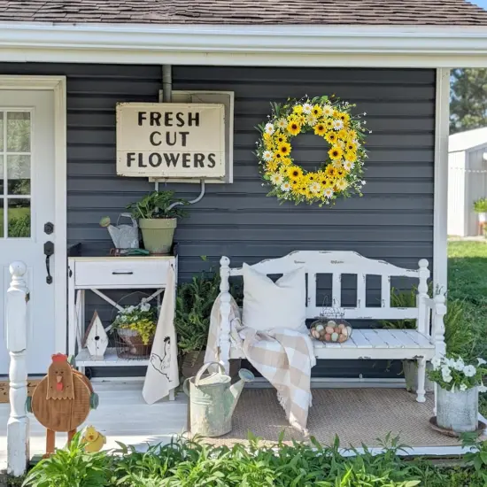 22" Daisy and Sunflower Wreath &ndash; Yellow Summer Front Door Wreath, Farmhouse Wall Decor for Home, Porch, or Outdoor Use {4}