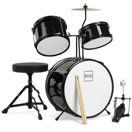 Best Choice Products Kids Beginner 3-Piece Drum, Musical Instrument Set w/ Sticks, Cushioned Stool, Drum Pedal Black {1}