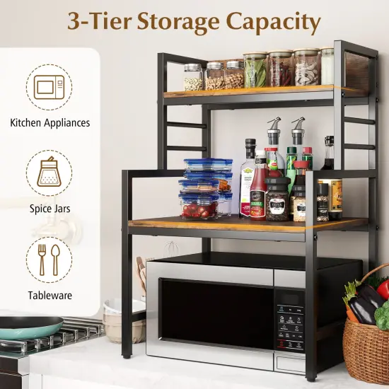 Rustic Brown 3-Tier Microwave Stand with 2 Open Storage Shelves and Black Metal Frame {6}