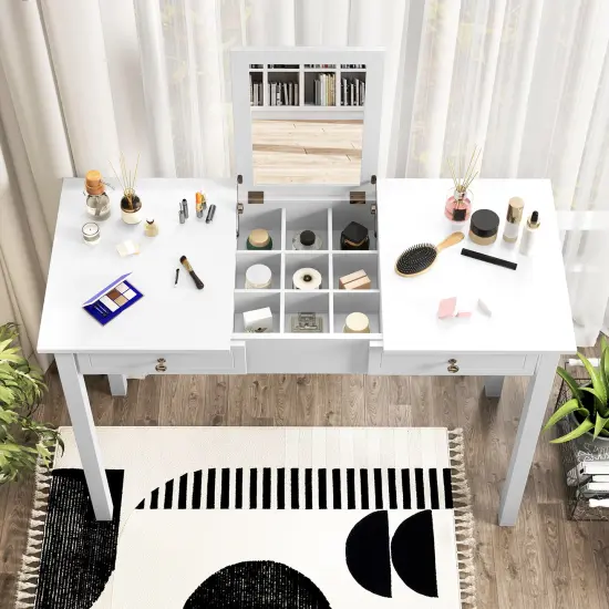 White Vanity Dressing Table with Flip Top Mirror and Storage Drawers 9 Hidden Storage Compartments {6}