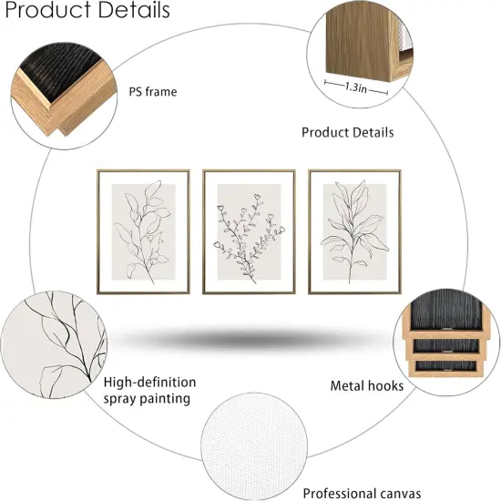 Summer Neutral Botanical Canvas Wall Decor, Minimalist Black Line Flower Poster Prints, Boho Beige Floral, Abstract Plant Leaf Aesthetic Picture for Bedroom and Living Room, Framed 12"x16" (Set of 3) {3}