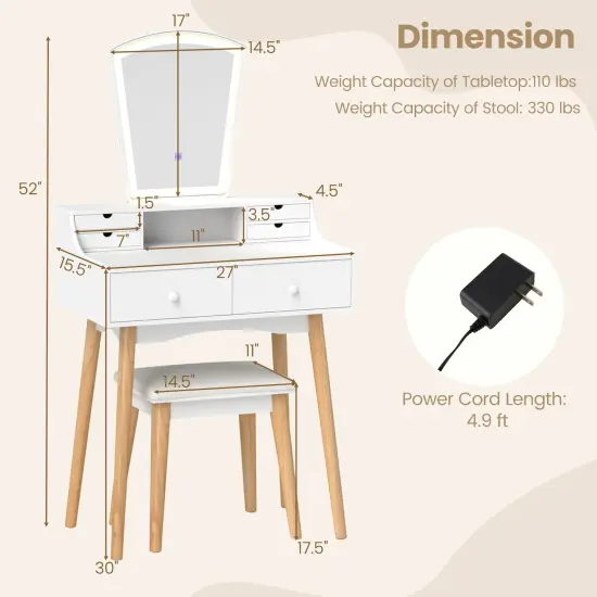 White Vanity Desk Set with 3-Color Adjustable LED Lighted Mirror and Storage Drawers {5}