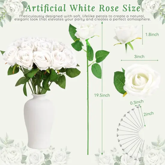 5PCS White Rose Artificial Flowers with 15PCS Diamond Pins for Bouquets {2}