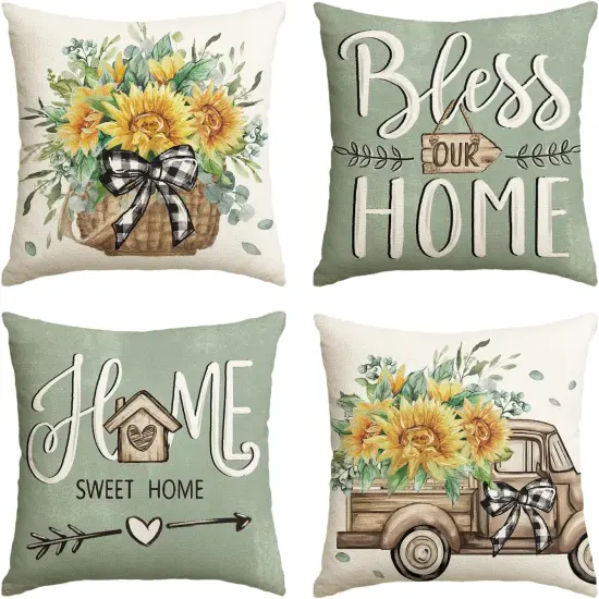 Sunflower Eucalyptus Leaves Throw Pillow Covers, 18 x 18 Inch Seasonal Spring Summer Truck Home Sweet Home Cushion Case Decorations {1}