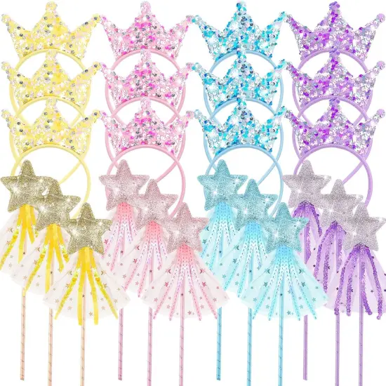24 Pcs Princess Wands Party Favors Glitter Star Fairy Wands Sequin Princess Crown Headbands for Girls Birthday Party Gifts {1}