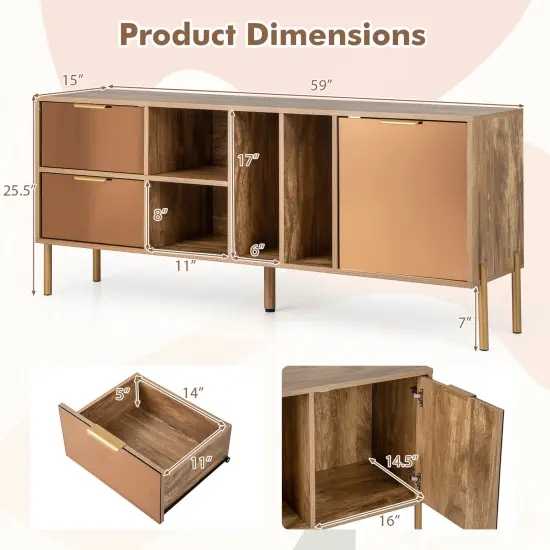 Natural Wood & Mirrored Buffet Cabinet with 2 Drawers, 1 Door, and 4 Open Compartments {5}