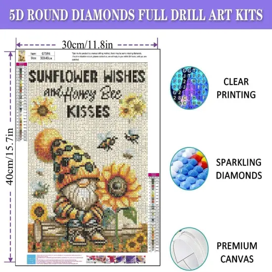 Gnome Diamond Painting Kits for Adults, Gnome Sunflower Bee Diamond Art Kits for Adults Beginners, 5D DIY Full Drill Round Gem Art Craft Painting for Home Wall Decor 12 x 16 Inch {4}