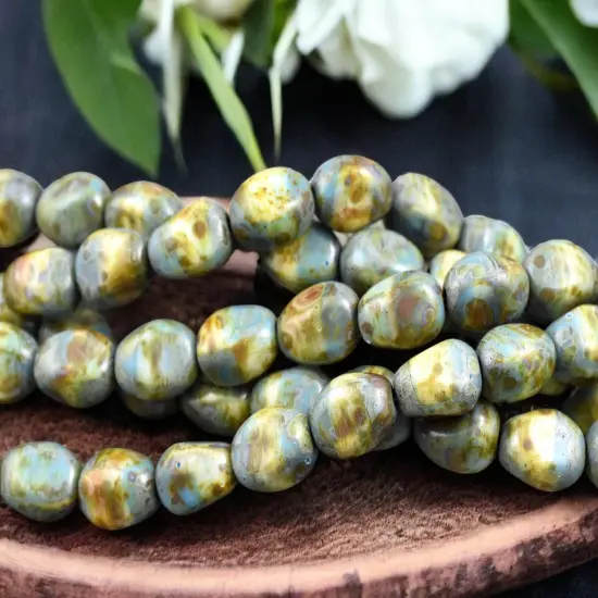 *15* 12x9mm Blended Turquoise Beige Picasso Oval Nugget Beads {2}