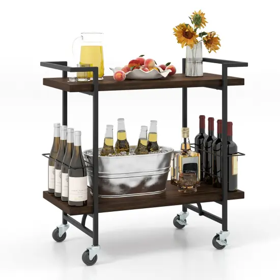 Rustic Brown Engineered Wood Metal 2-Tier Home Bar Cart and Easy Mobility {4}