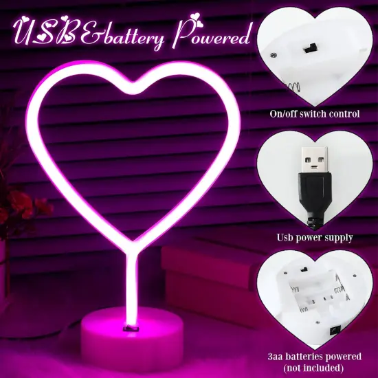 3 Pcs Summer Love Neon Signs - Heart, Lips & Love Shaped LED Lights for Tabletop or Wall Decor, USB or Battery Powered (Pink) {4}