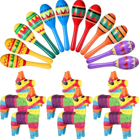 36 Pcs Mexican Fiesta Decor Include 12 Wooden Maracas Bulk 6 Mini Donkey Pi&ntilde;atas Mexican Theme Decorations for Maracas Party Favors Adults Cinco De Mayo Party Props {1}