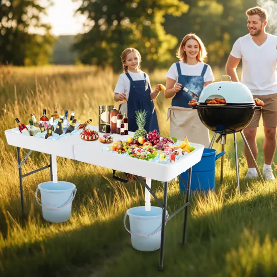 White Folding Ice Cooler Table with Double Sinks and H-Shaped Metal Frame Ideal for Picnic or Wedding {3}