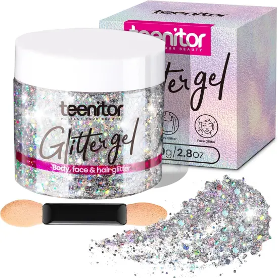 Body Glitter, Body Glitter Gel, Hair Glitter, Face Glitter, Holographic Chunky Makeup Silver Glitter Gel for Face, Makeup, Hair, Eye {1}