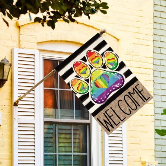 Paw Print Rainbow Pride House Flag 28x40 Inch Double Sided, LGBTQ+ Community Progress Welcome Yard Outdoor Flag Stripes {2}