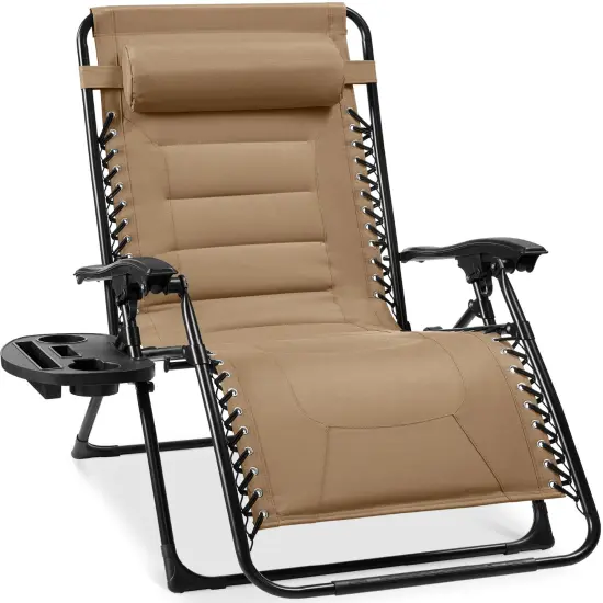 Best Choice Products Oversized Padded Zero Gravity Chair, Folding Outdoor Patio Recliner w/ Side Tray Beige {1}