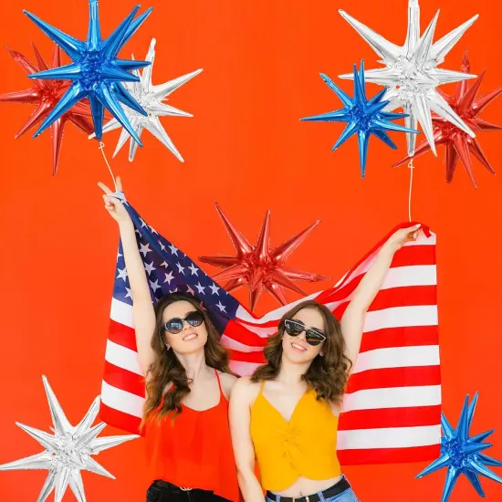 9 Pieces Red White Blue Explosion Star Balloons, Large 27 & 22 Inches 14-Pointed One-Piece Cone Stars Fireworks Foil Balloons for 4th of July, Independence Day USA Patriotic Party Decorations {4}