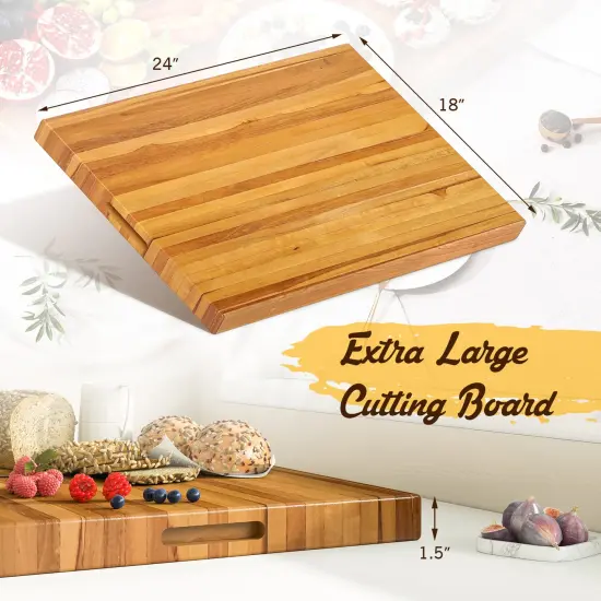 Teak Wood Cutting Board Extra Large Edge Grain Butcher Block with Handles, Reversible Design, Pre-Treated {5}