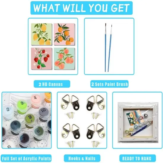 4 Pack Fruits Paint by Numbers Kit for Adults Framed,Easy Acrylic Art Number Painting for Adults Beginners,DIY Adults Paint by Numbers Kit on Canvas for Home Wall Decor,7.8x7.8Inch. {4}