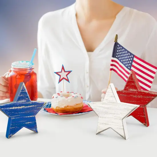 4th of July Wooden Star Signs Patriotic Rustic Star Shape Tiered Tray Decor Red Blue White Wood Star Blocks Retro Freestanding Table Signs for Independence Day Farmhouse Home Decor, 3Pcs {5}