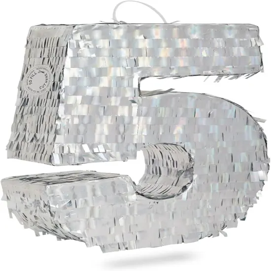 Small Holographic Silver Foil Number 5 Pinata for Kids Birthday Party Decorations (15.7x9x3 in) {1}
