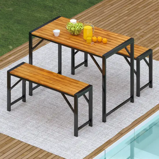 Natural Acacia Wood 3-Piece Dining Set, Metal Frame Table and Benches {5}
