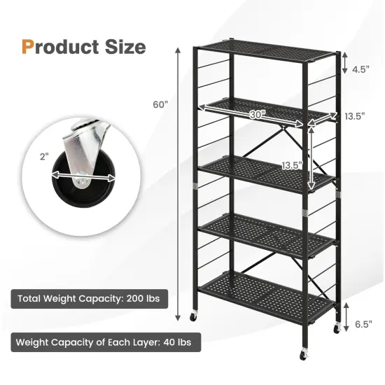 Black Metal Folding Storage Rack, Adjustable 5-Tier Shelf with Wheels {4}