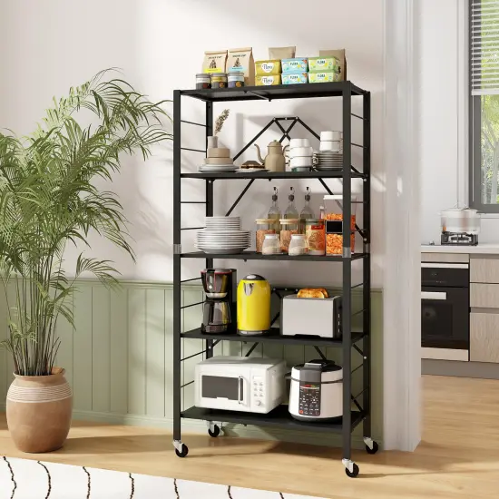 Black Metal Foldable Storage Shelf and Adjustable 5-Tier Shelves with Wheels {2}