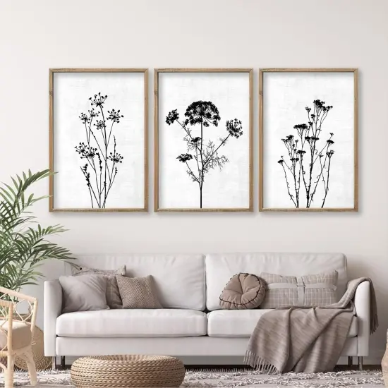 Summer Flower Plant Wall Decor 16"x11", Set of 3 Black and White Botanical Paintings, Wood Framed for Minimalist Bedroom, Office, and Rustic Living Room, Abstract Wildflower Hanging Sign (Wood White) {1}