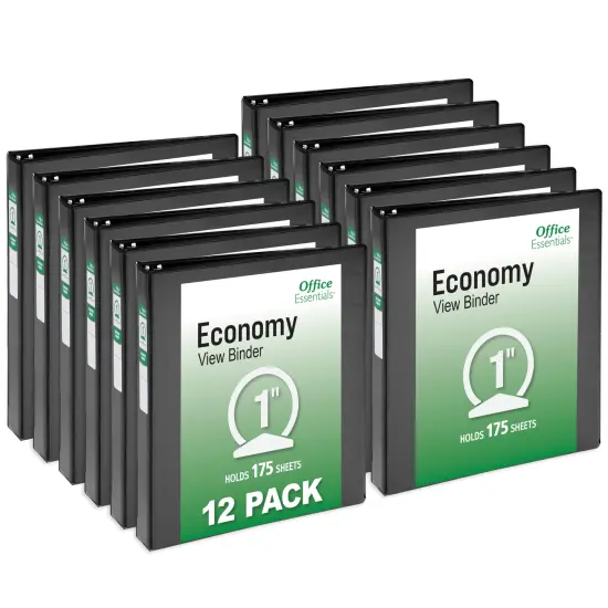 Office Essentials Economy View 3 Ring Binders, 1" Round Rings, 1.4" Spine, 175-Sheet Capacity, Black Binders (12-Pack of 03425) {1}