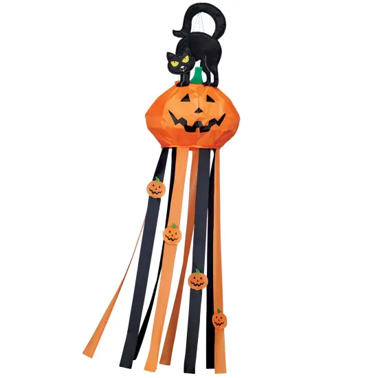 Collections Etc Halloween Pumpkin Cat Windsock with Streamers {2}