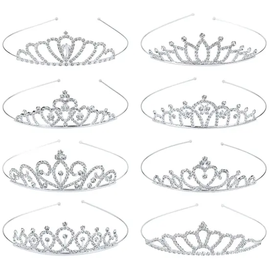 8 Pack Birthday Tiaras, Rhinestone Crystal Princess Crowns, Silver Headbands for Women {1}