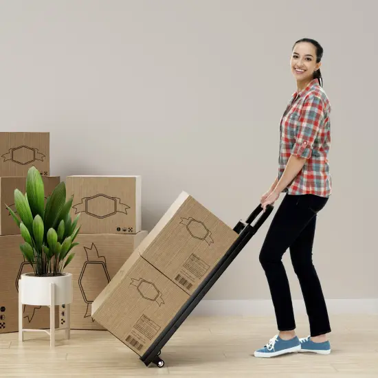 2 in 1 Black Metal Hand Truck and Step Ladder with Rubber Wheels and 3 Wide Pedals {3}